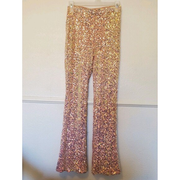 Forever 21 Sequin Mid Rise Flare Pants Women's Size S Pullon Peach Pink - Picture 1 of 16